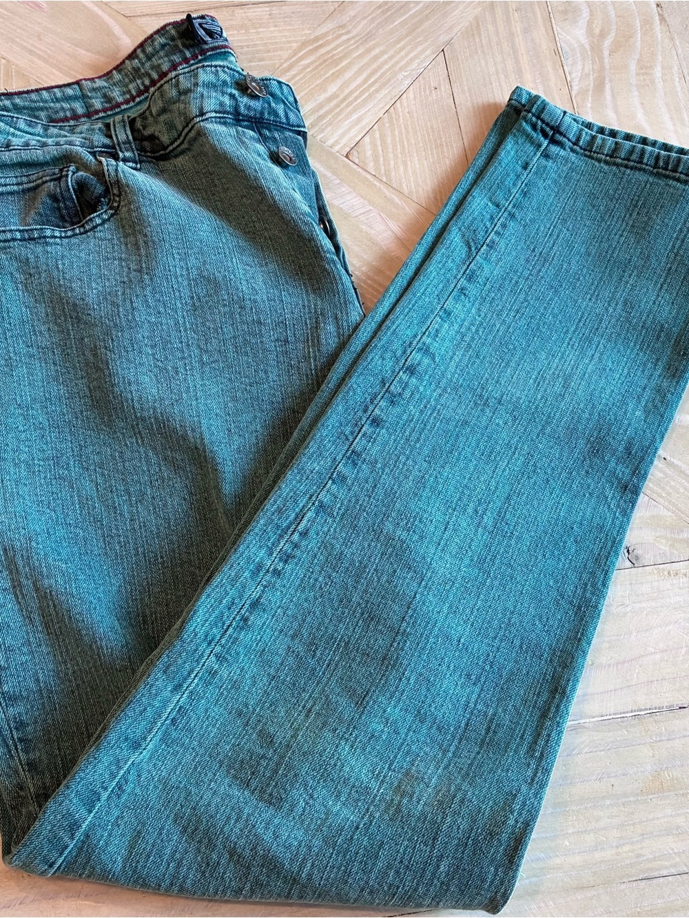 Socal Collision RUDE Teal-Green Denim Jeans with Red Topstitch